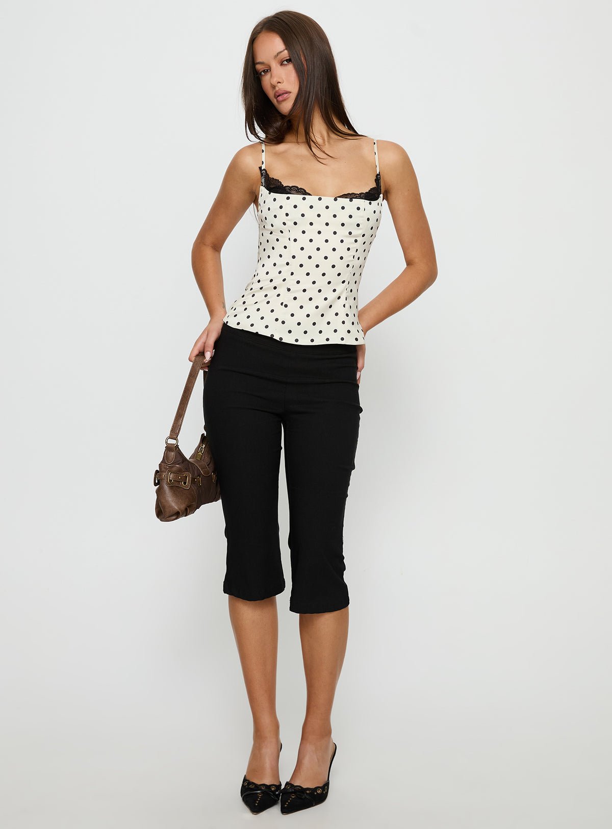 Top corset à pois bordé de dentelle