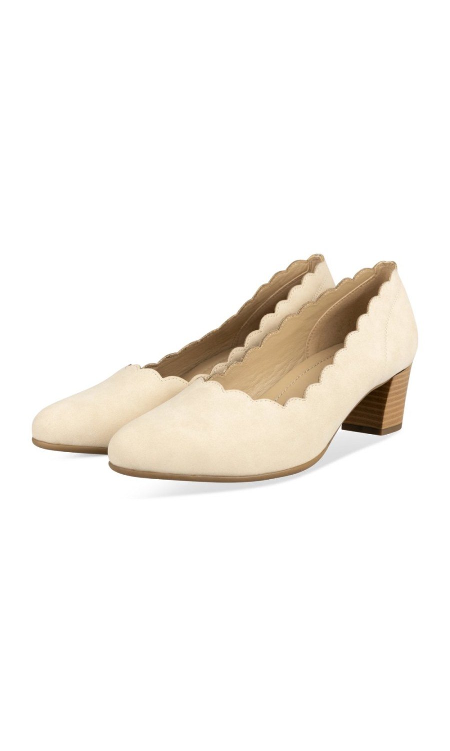 Beige scalloped block-heel pumps