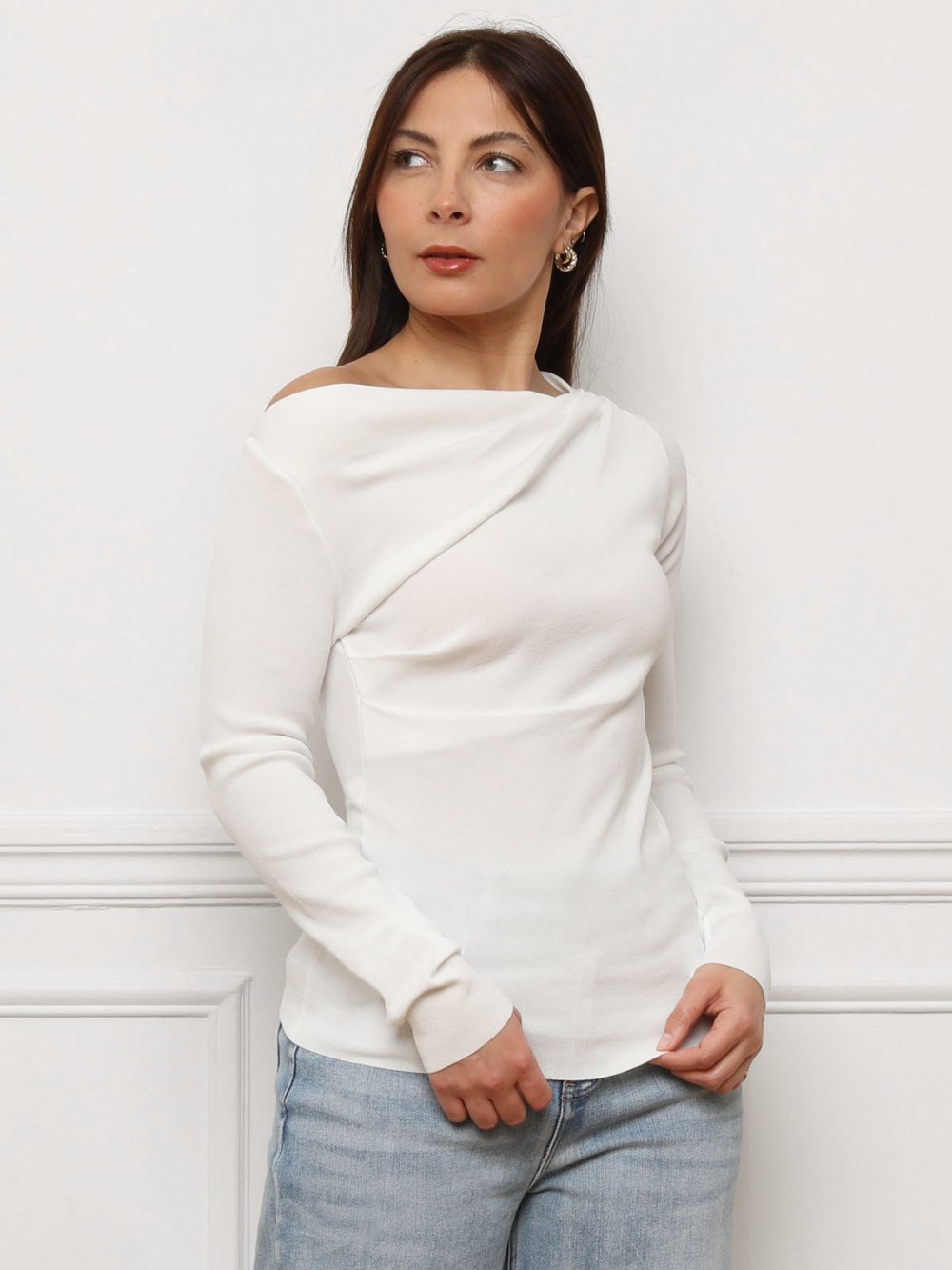 White ruched ribbed knit top