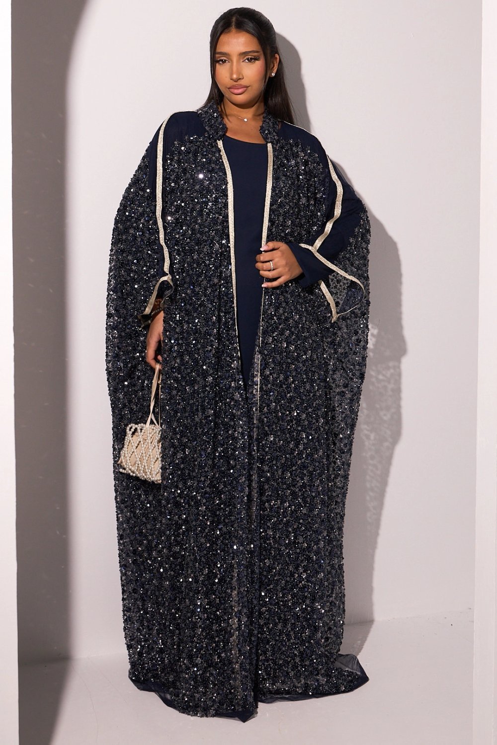 Robe et kimono à strass bleu marine argenté