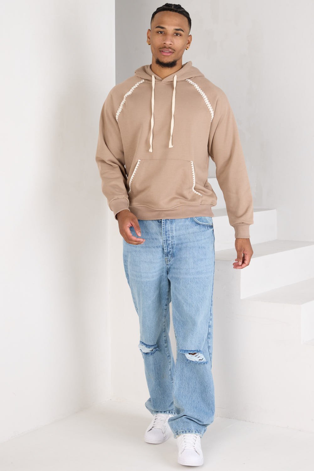 Beige hoodie with stitching details