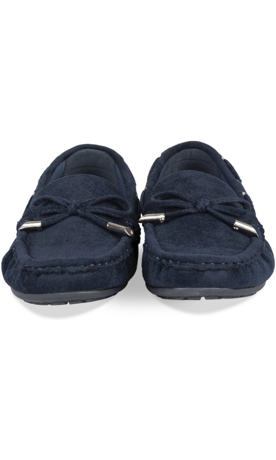 Navy faux suede loafers with bow