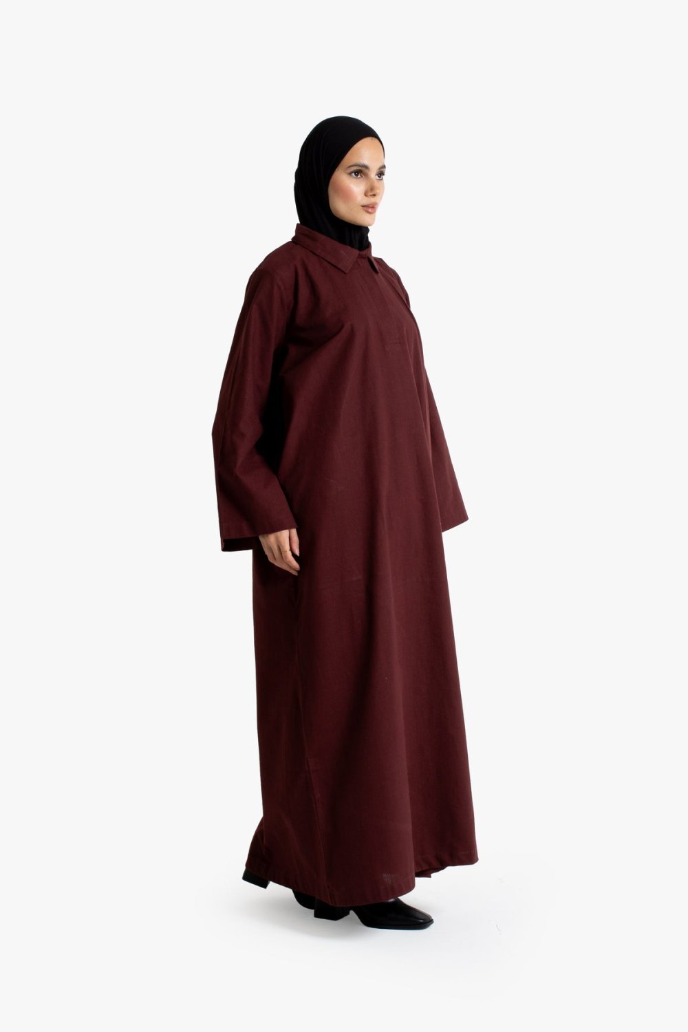 Abaya à col chemise en coton texturé - Bordeaux
