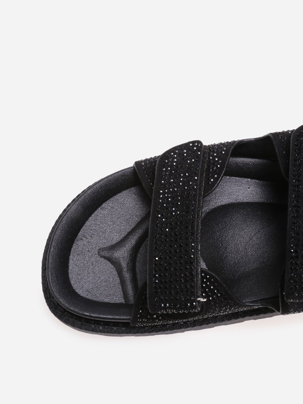 Black rhinestone strap sandals with lug sole
