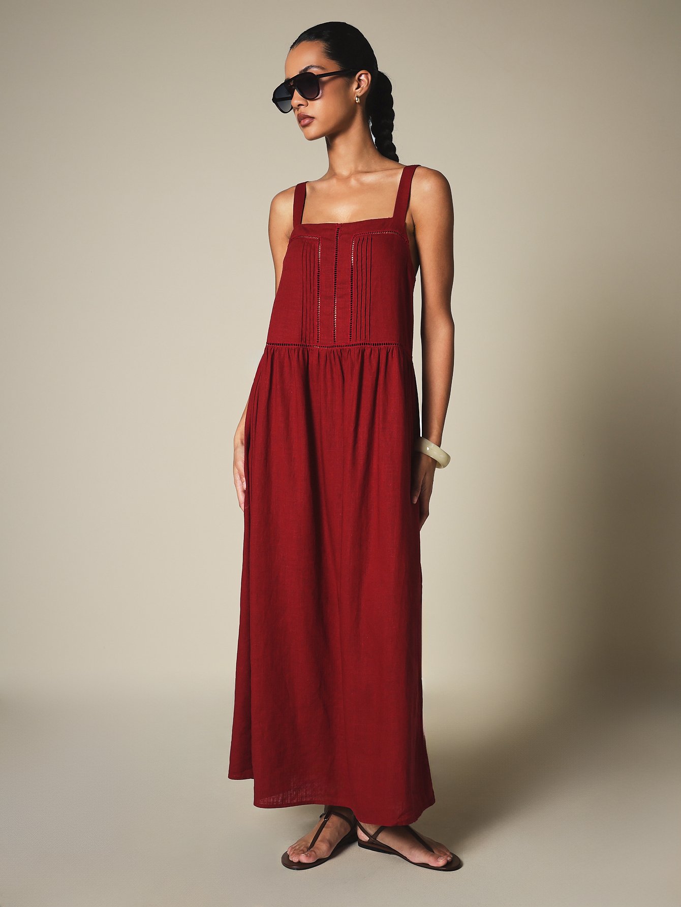 Robe longue bohème plissée en lin mélangé
