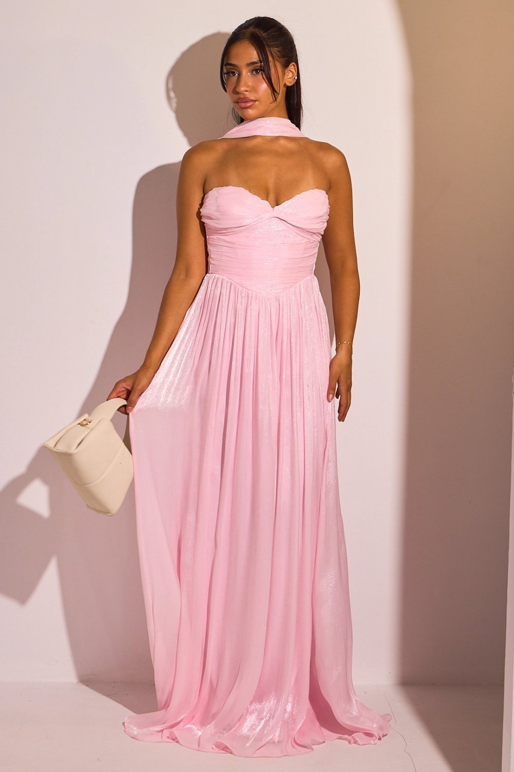 Draped satin strapless maxi dress with stole, pink