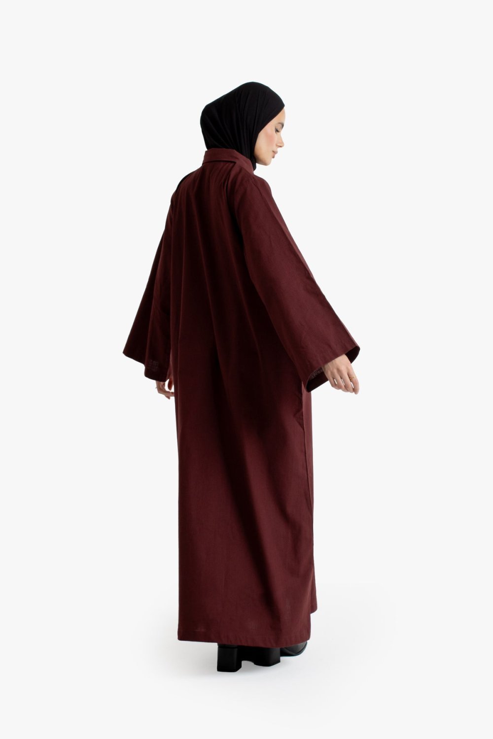 Abaya à col chemise en coton texturé - Bordeaux