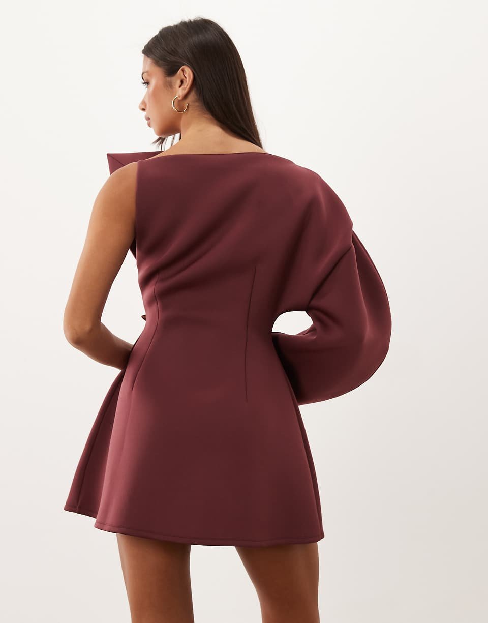 One-shoulder mini dress with gold trims - Burgundy