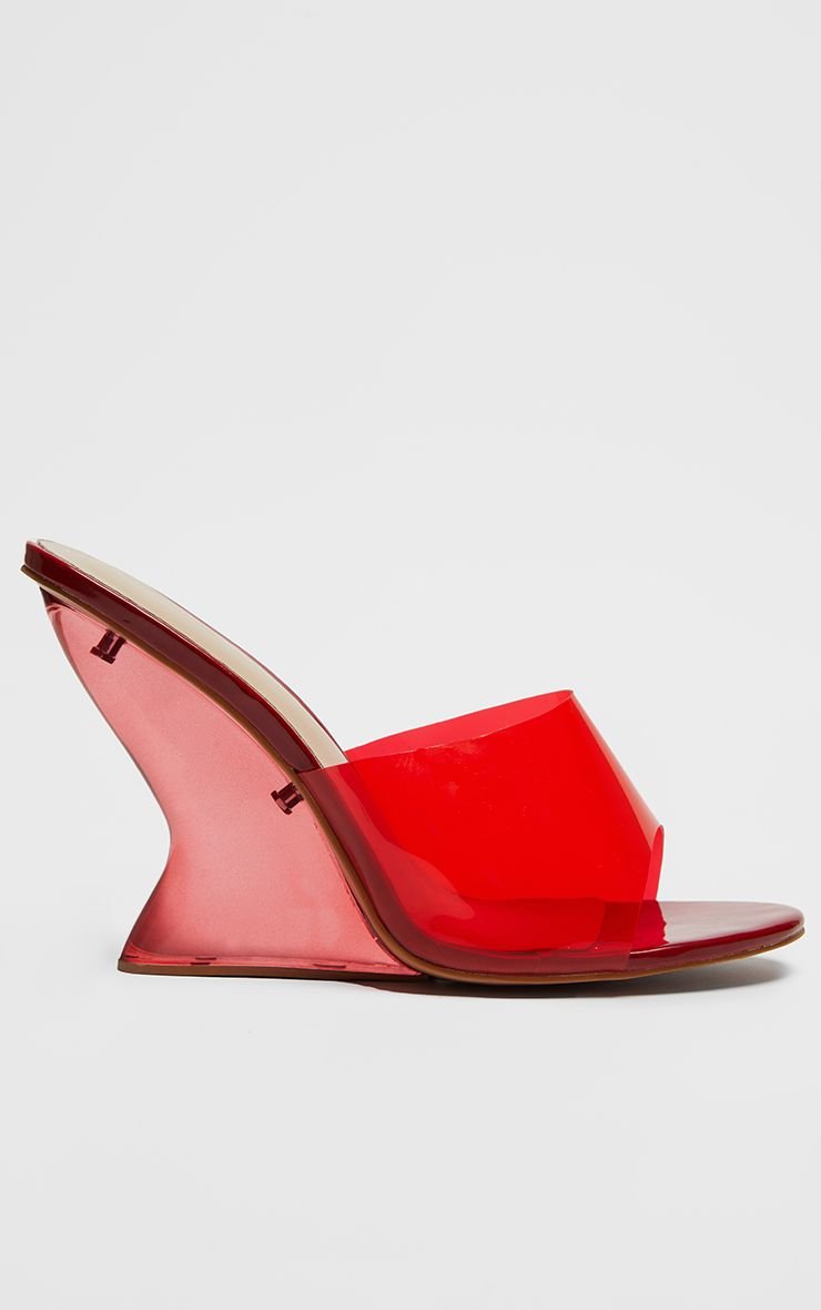 Red PU Round Toe Heeled Wedges With Perspex Strap