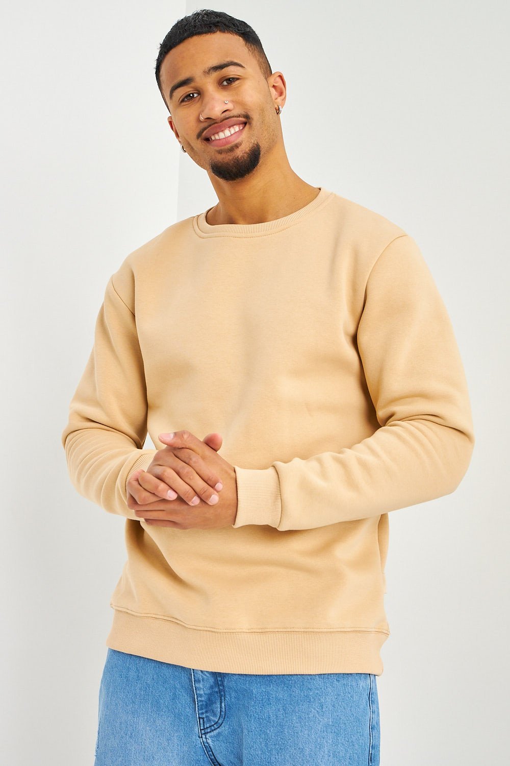 Sweat col rond doublé fourré beige