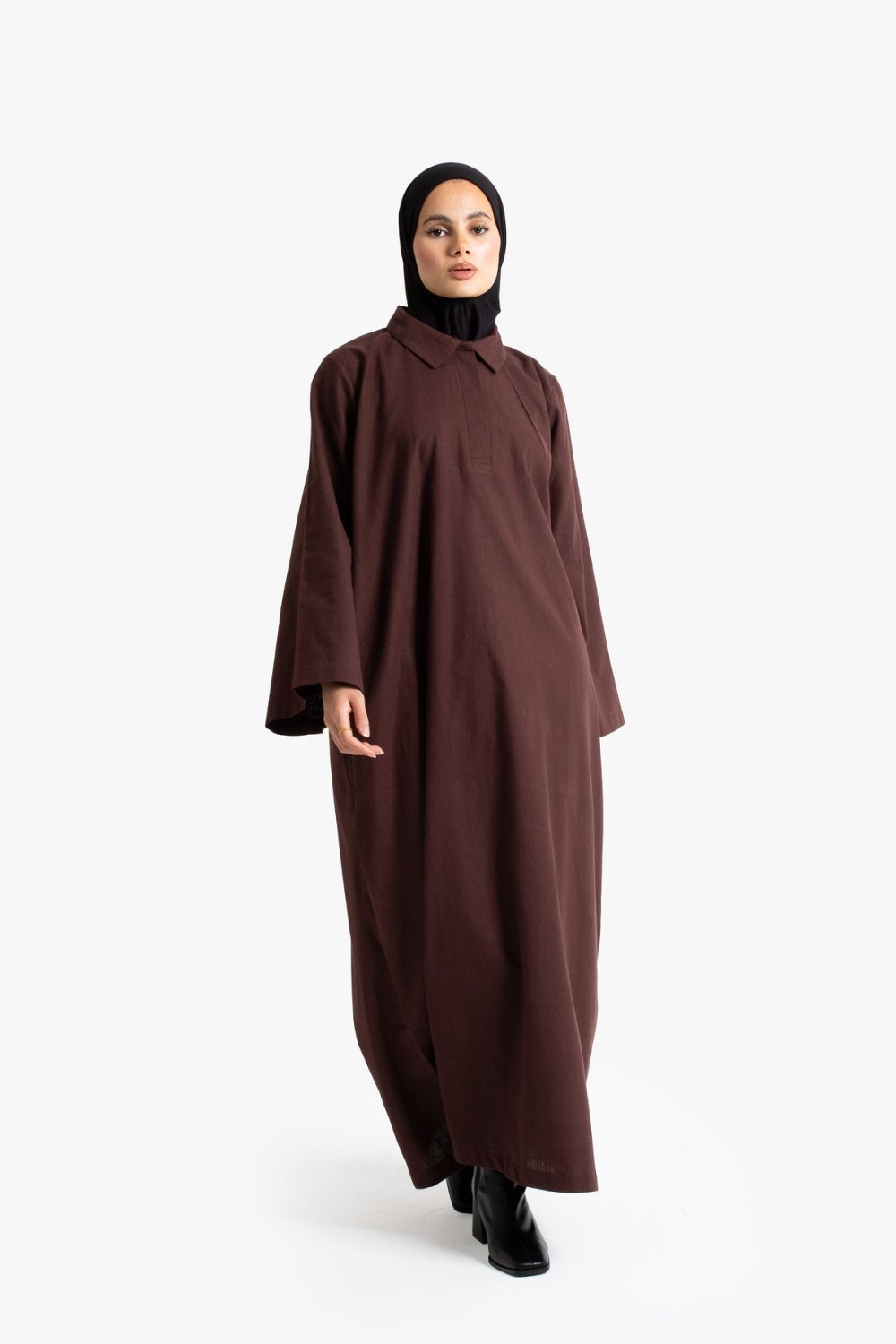 Abaya b col chemise, coton m7bbeb - 9ehwi