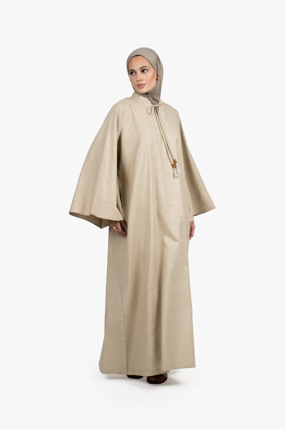 Abaya à pompons perlés - Beige