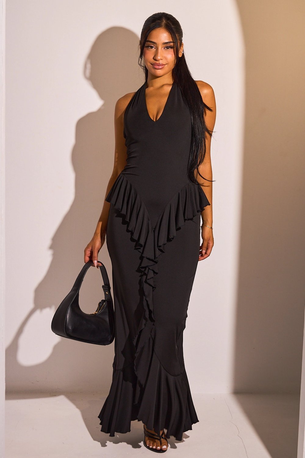Ruffled backless maxi dress with buttons, black