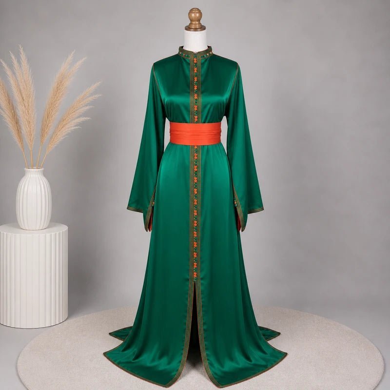 Caftan drap de soie khdar b doublure limouni