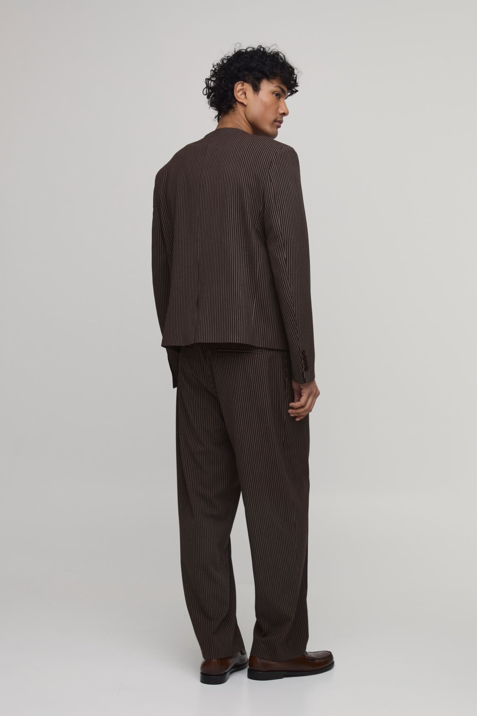 Boxy Oversized Collarless Pinstripe Blazer