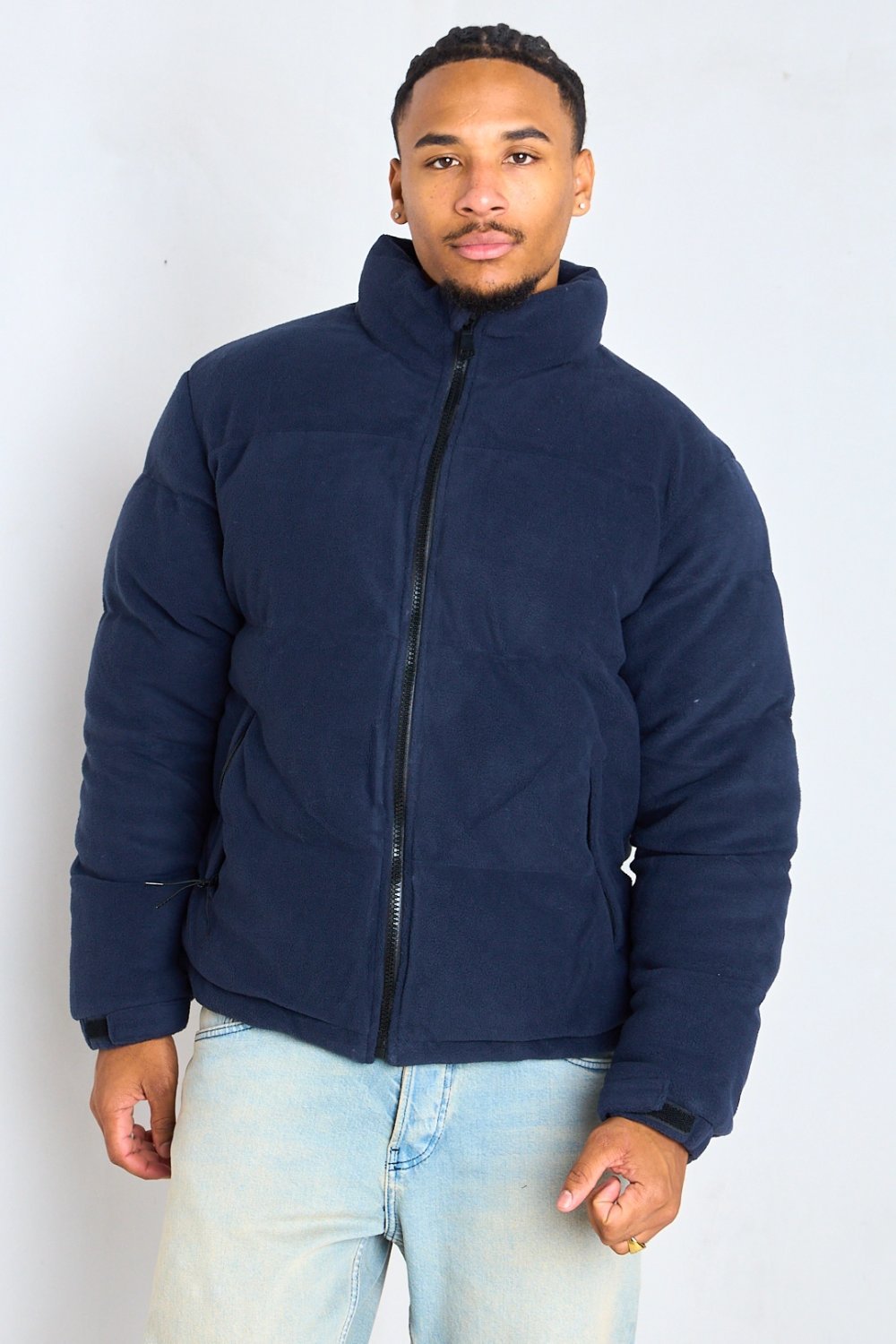 Navy puffer jacket with high neck