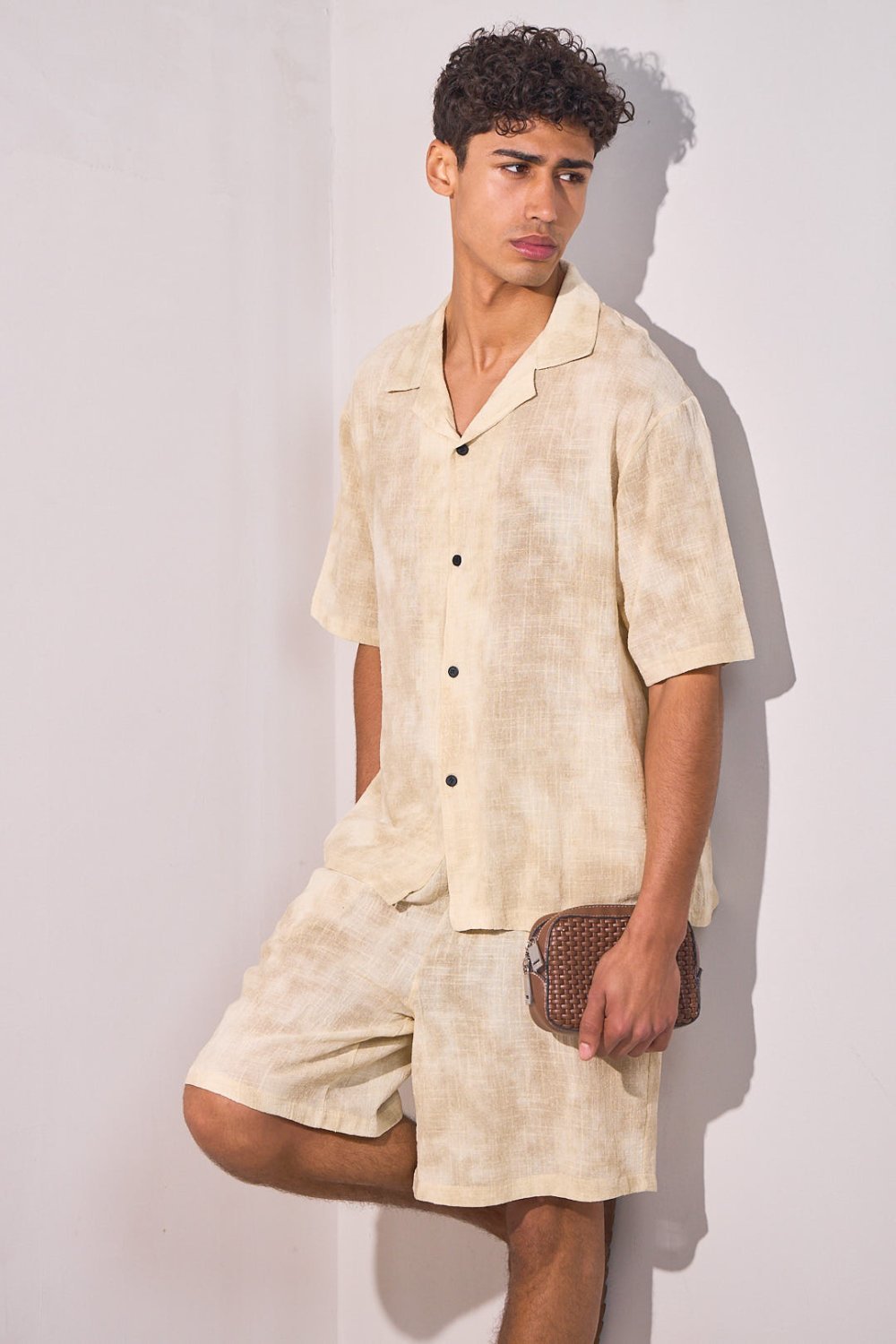 Beige washed shirt and shorts set