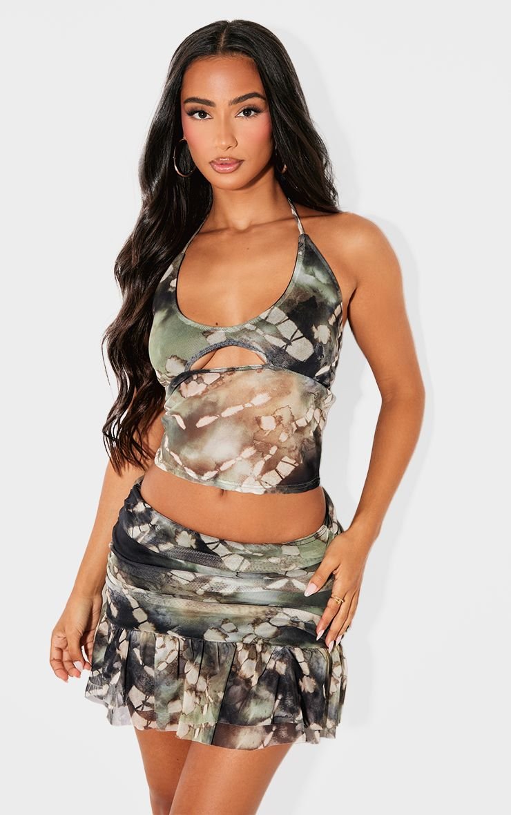 Printed knit frill mini skirt