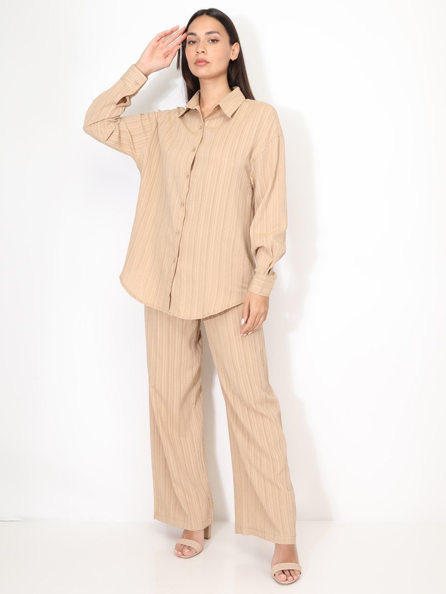 Taupe pleated long shirt and trousers set