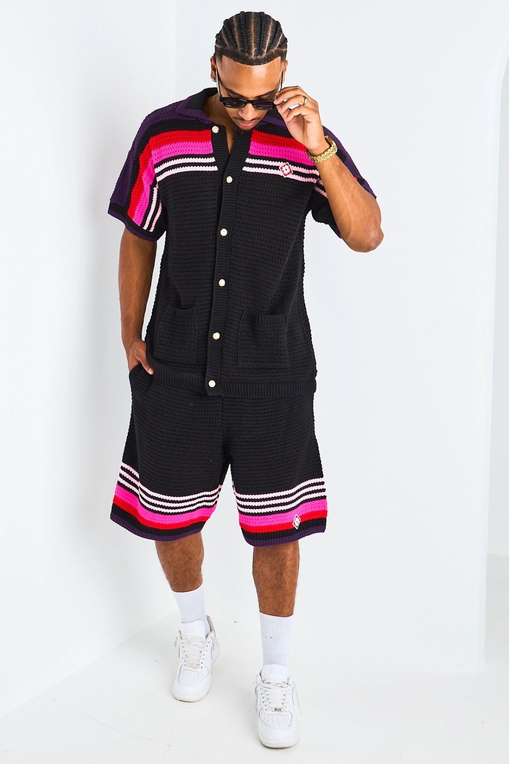 Black and pink crochet cardigan and shorts set