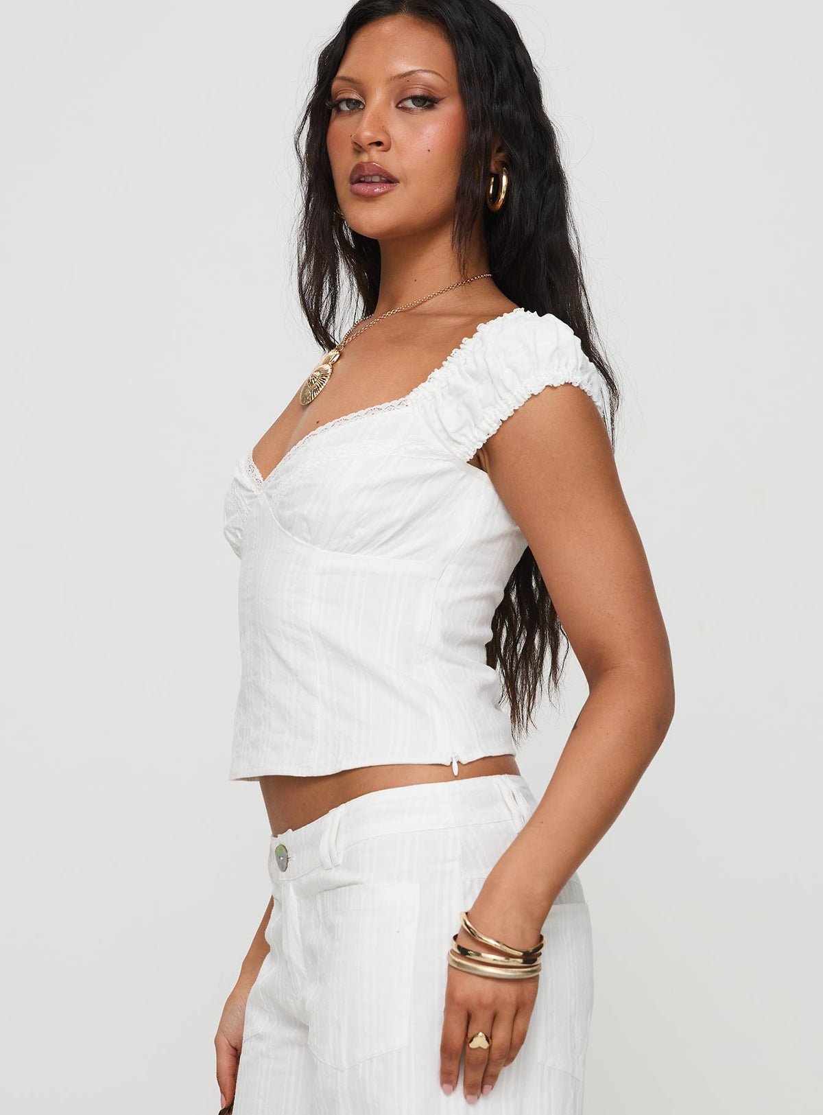 Cropped ruched top with lace trim