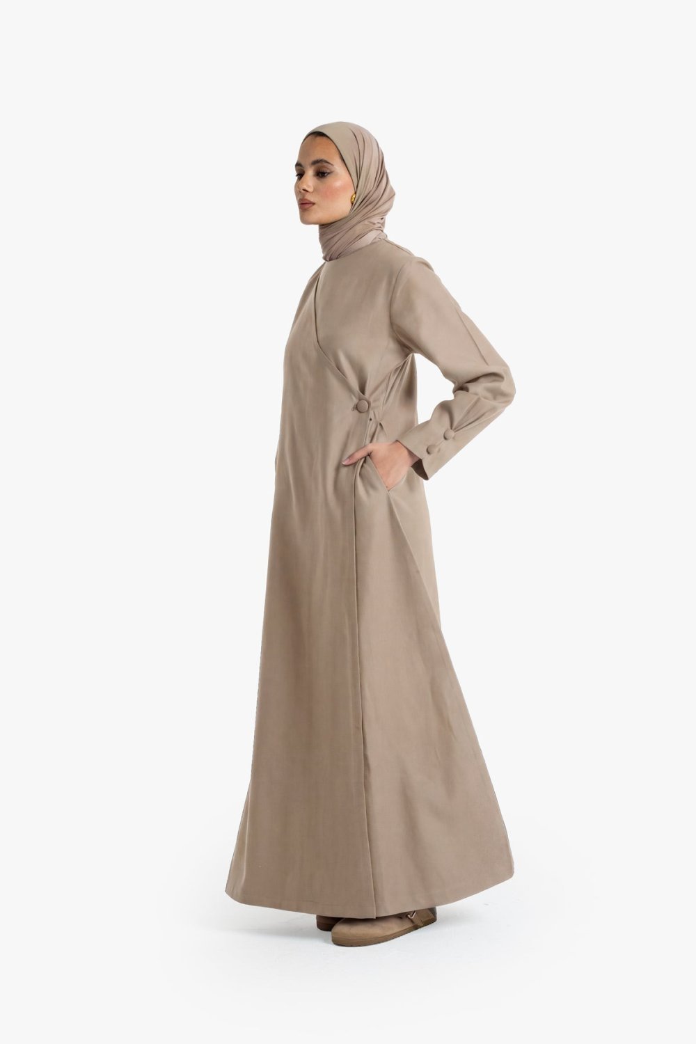 Cotton Tencel side-button wrap dress - Beige