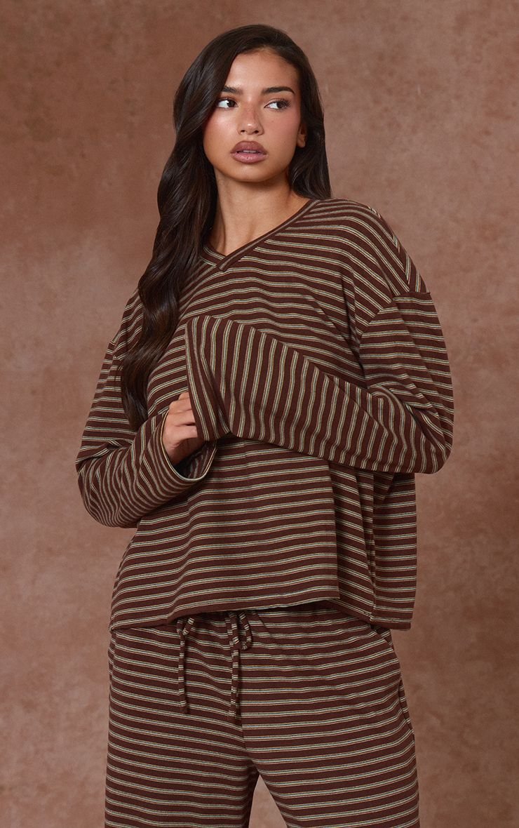 Striped V-neck fleece - Chocolate