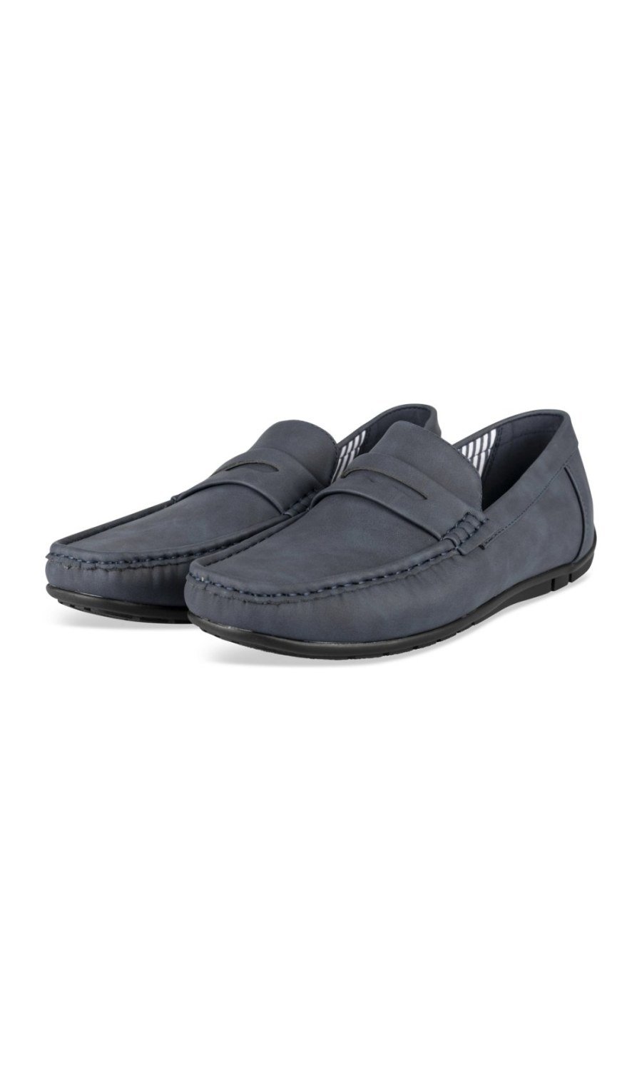 Navy penny loafers, striped lining