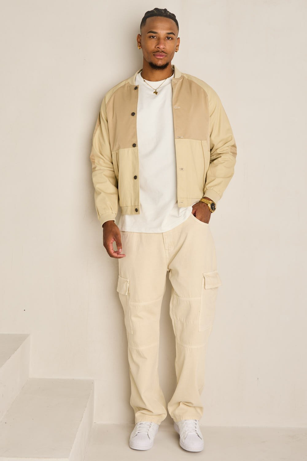 Beige mixed-fabric bomber jacket