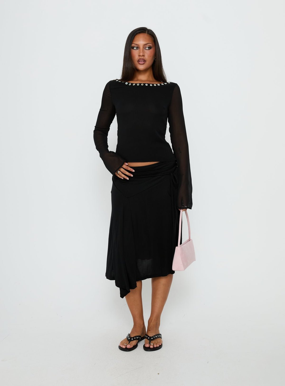 Tie-side jersey midi skirt