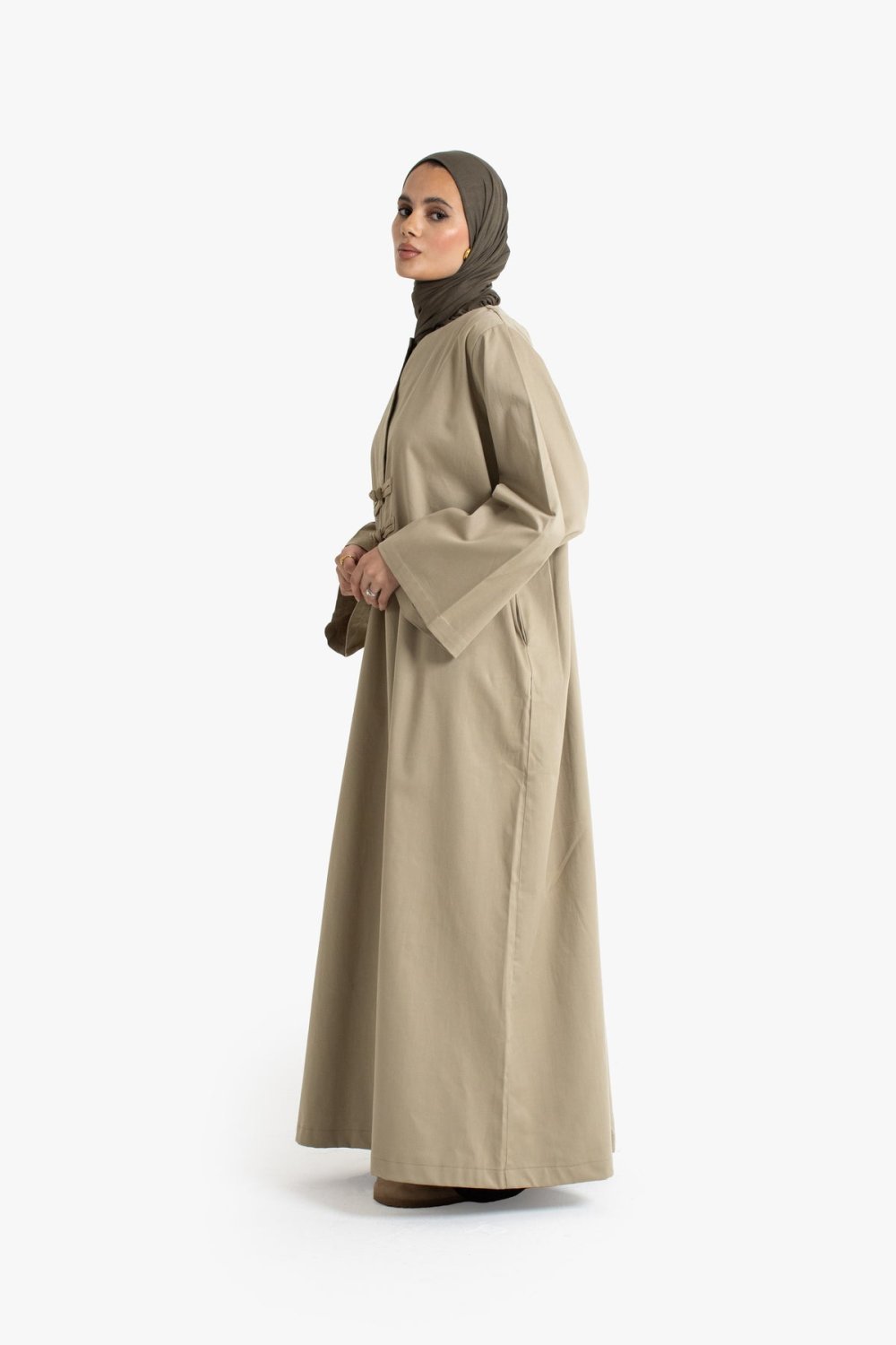 Open frog-button cotton abaya - Beige