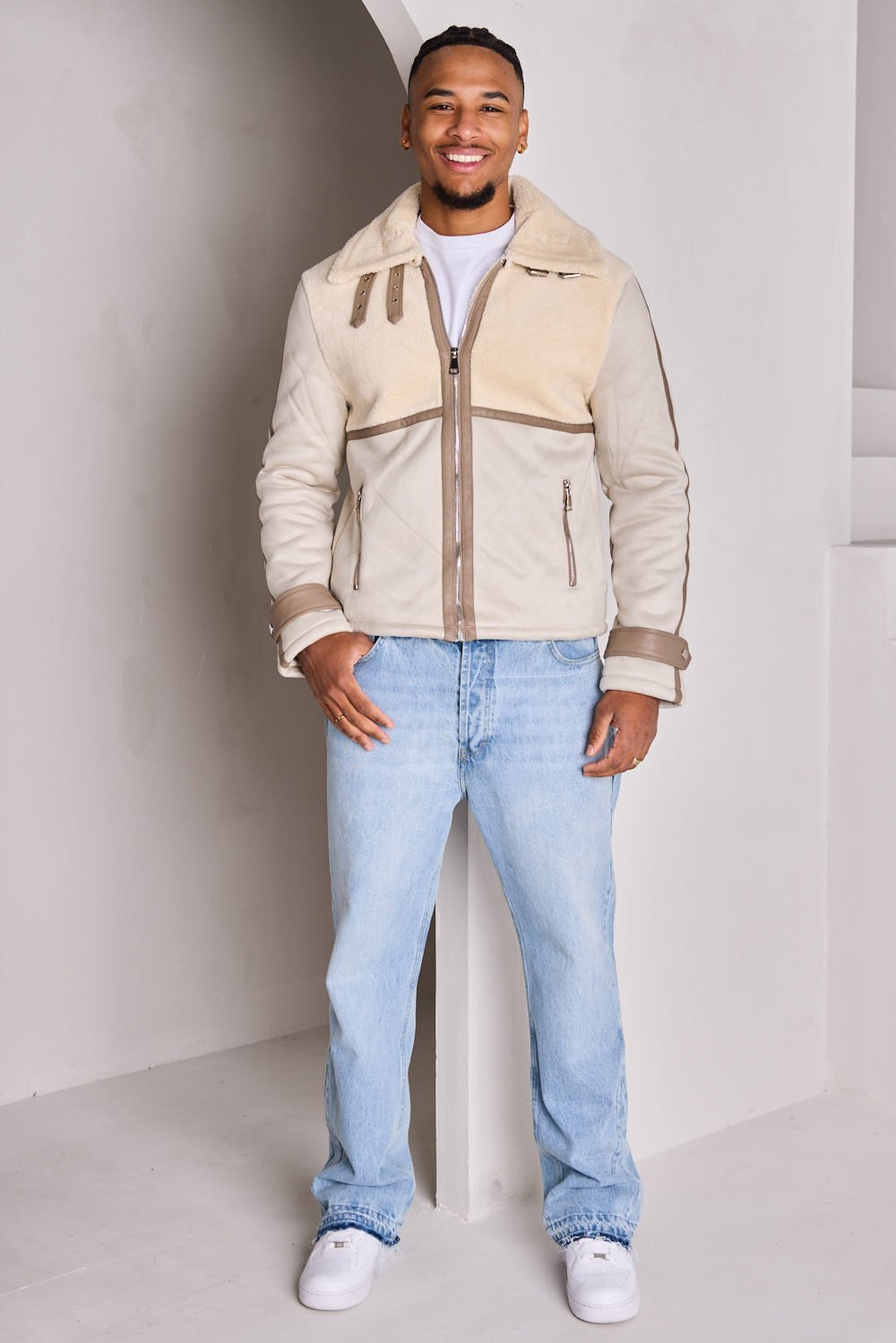 White suede-look aviator jacket with shearling