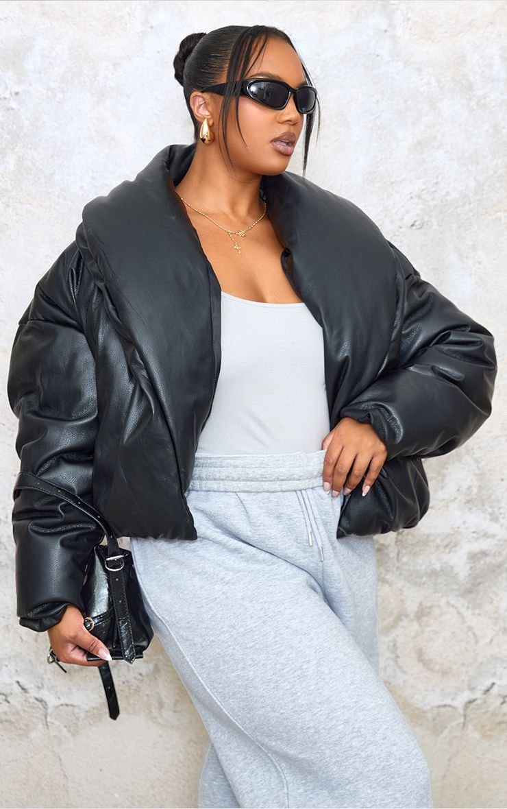 Cropped PU Exaggerated Collar Puffer Coat