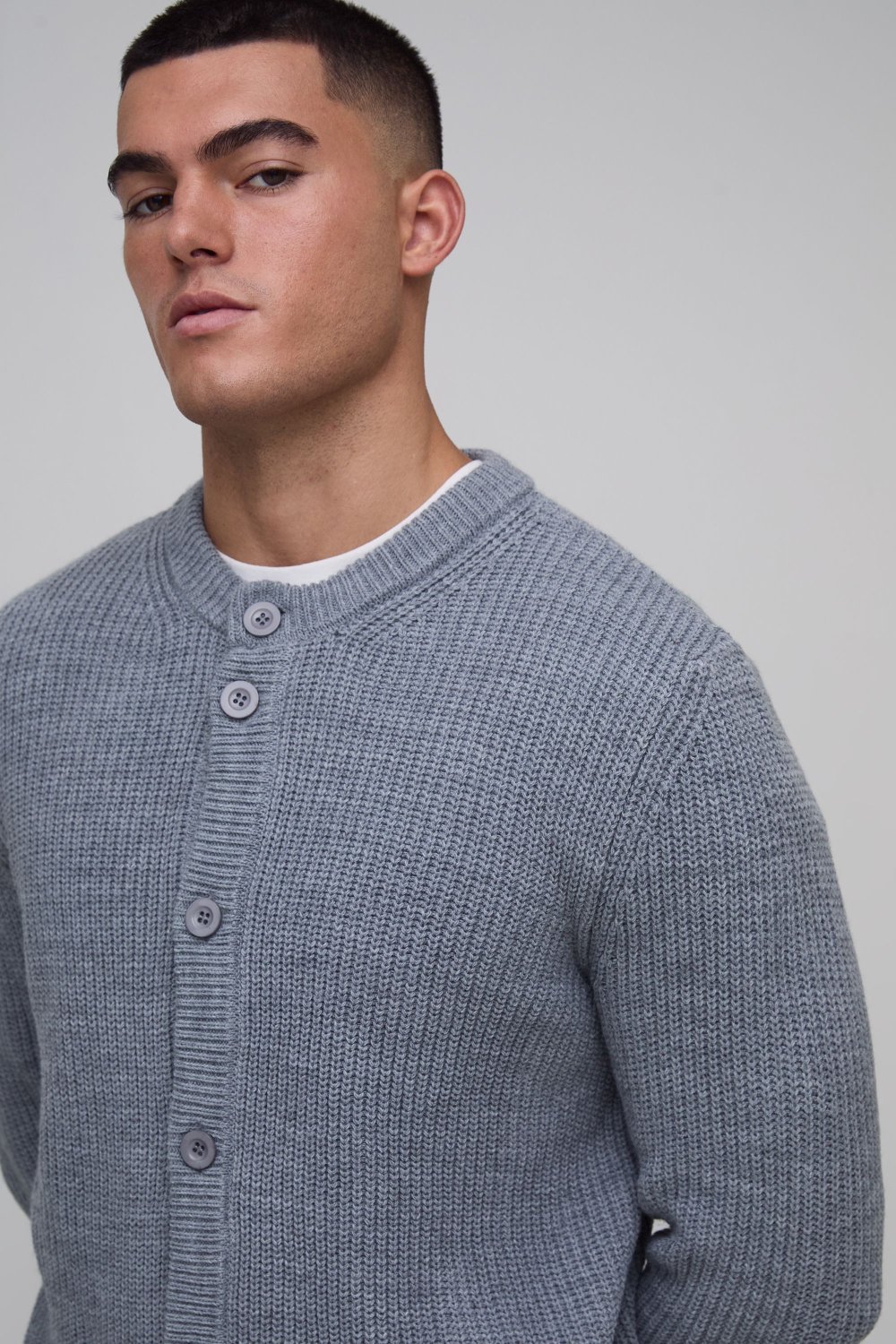 Grey ribbed button-up cardigan