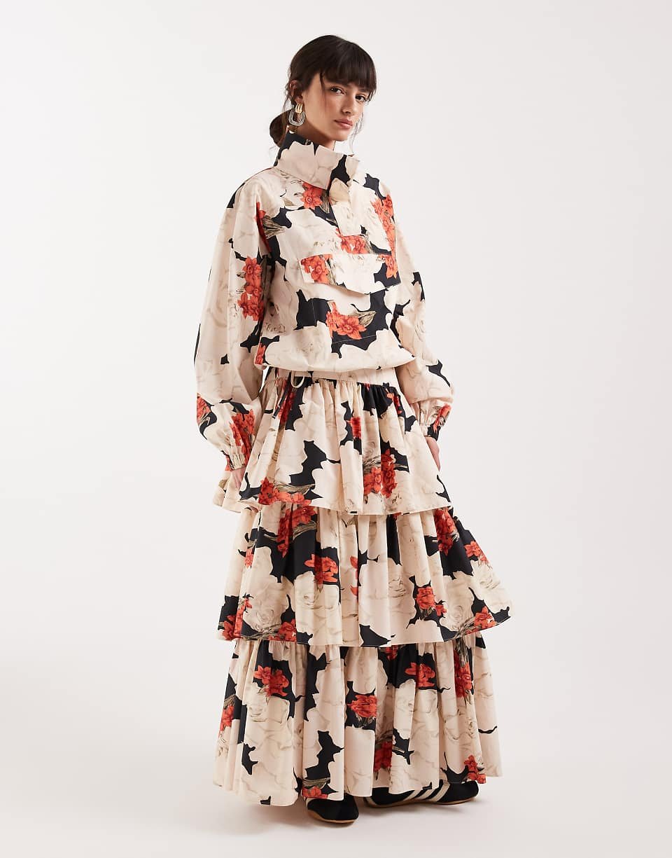 Jupe d'ensemble longue à imprimé fleuri avec taille basse et volants étagés - Rouge