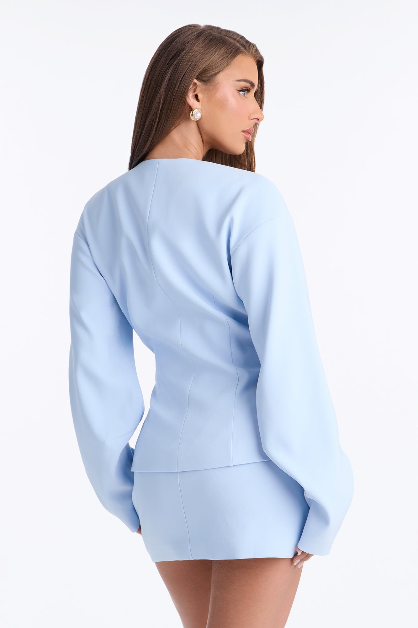 Collarless boxy blazer with fitted waist