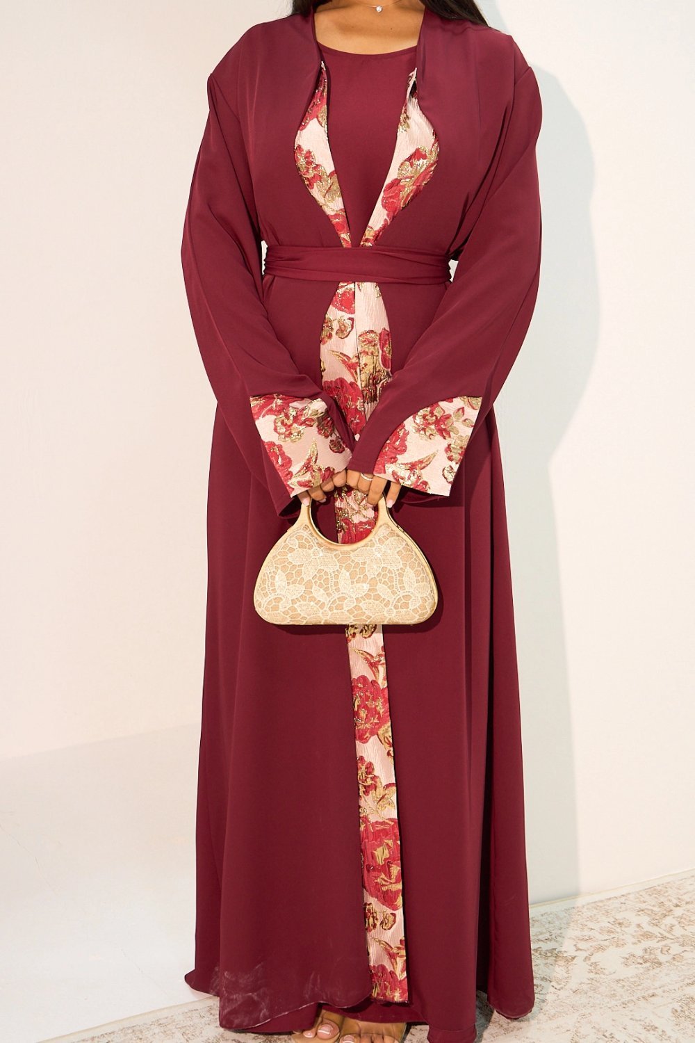 Burgundy sleeveless dress and kimono set