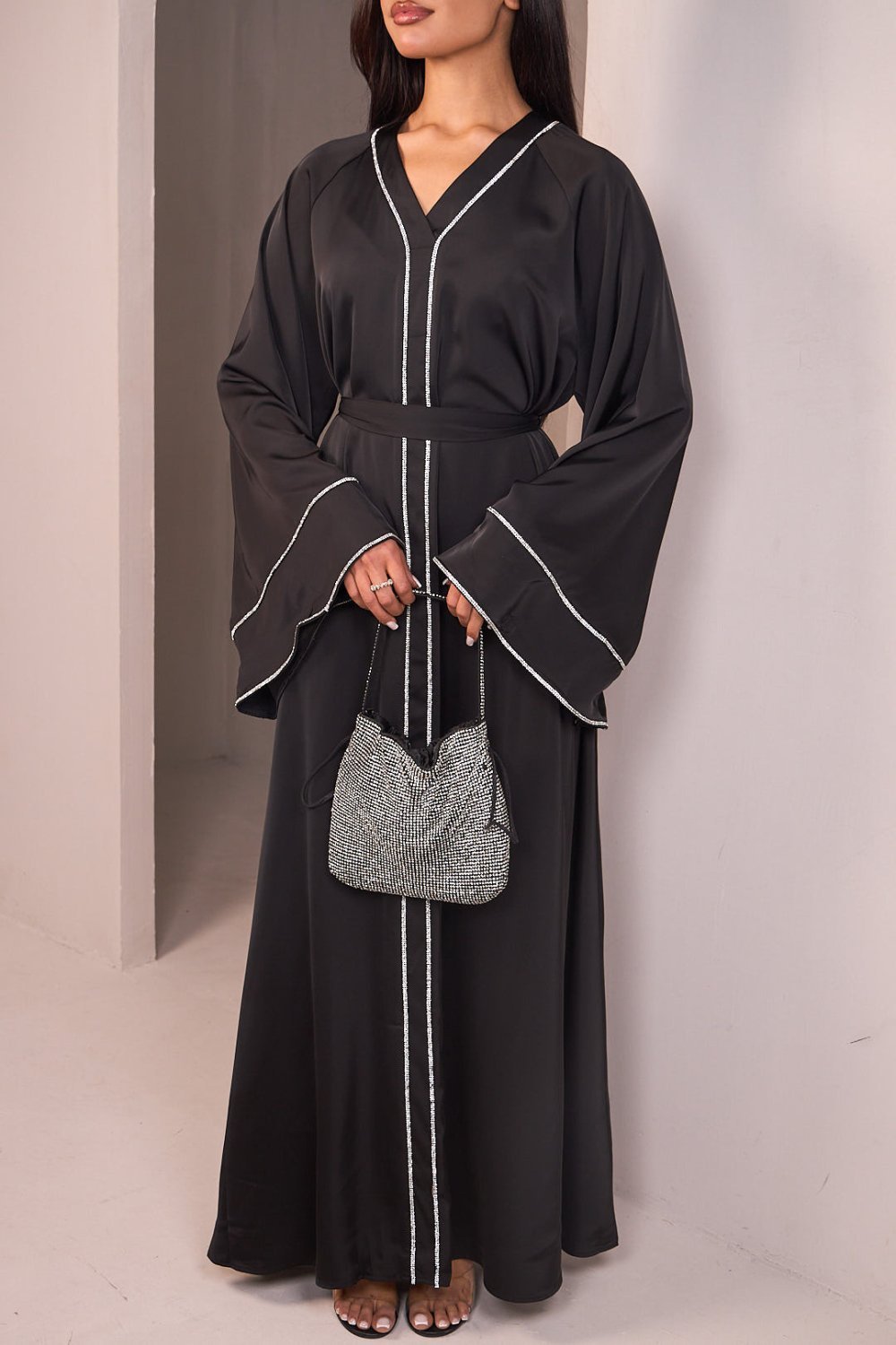Black satin abaya with beaded collar