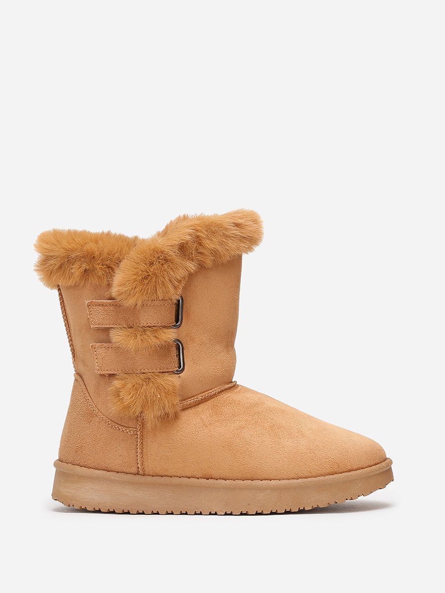 Boots fourrées à scratchs en suédine camel