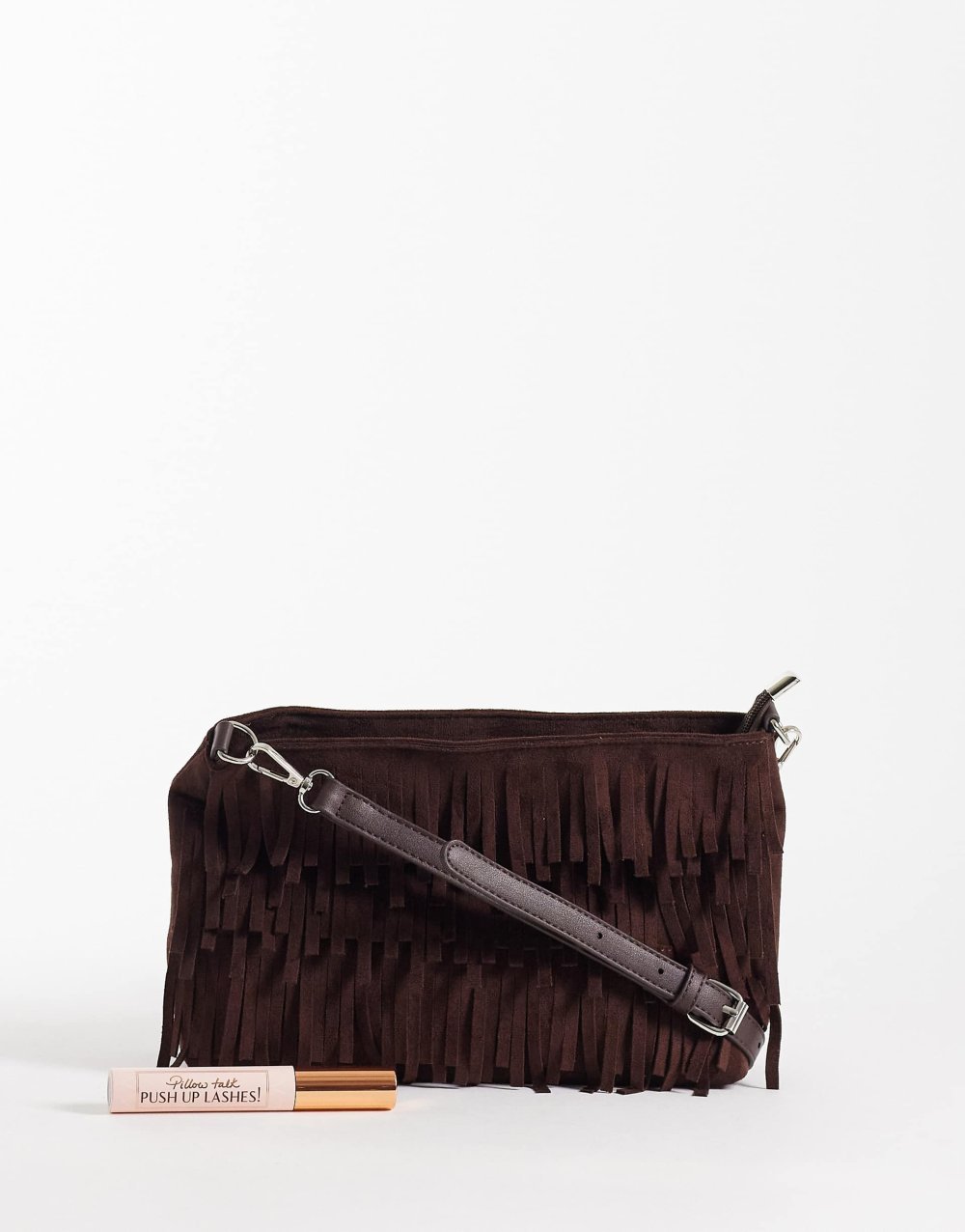 Fringed faux suede shoulder bag in dark brown
