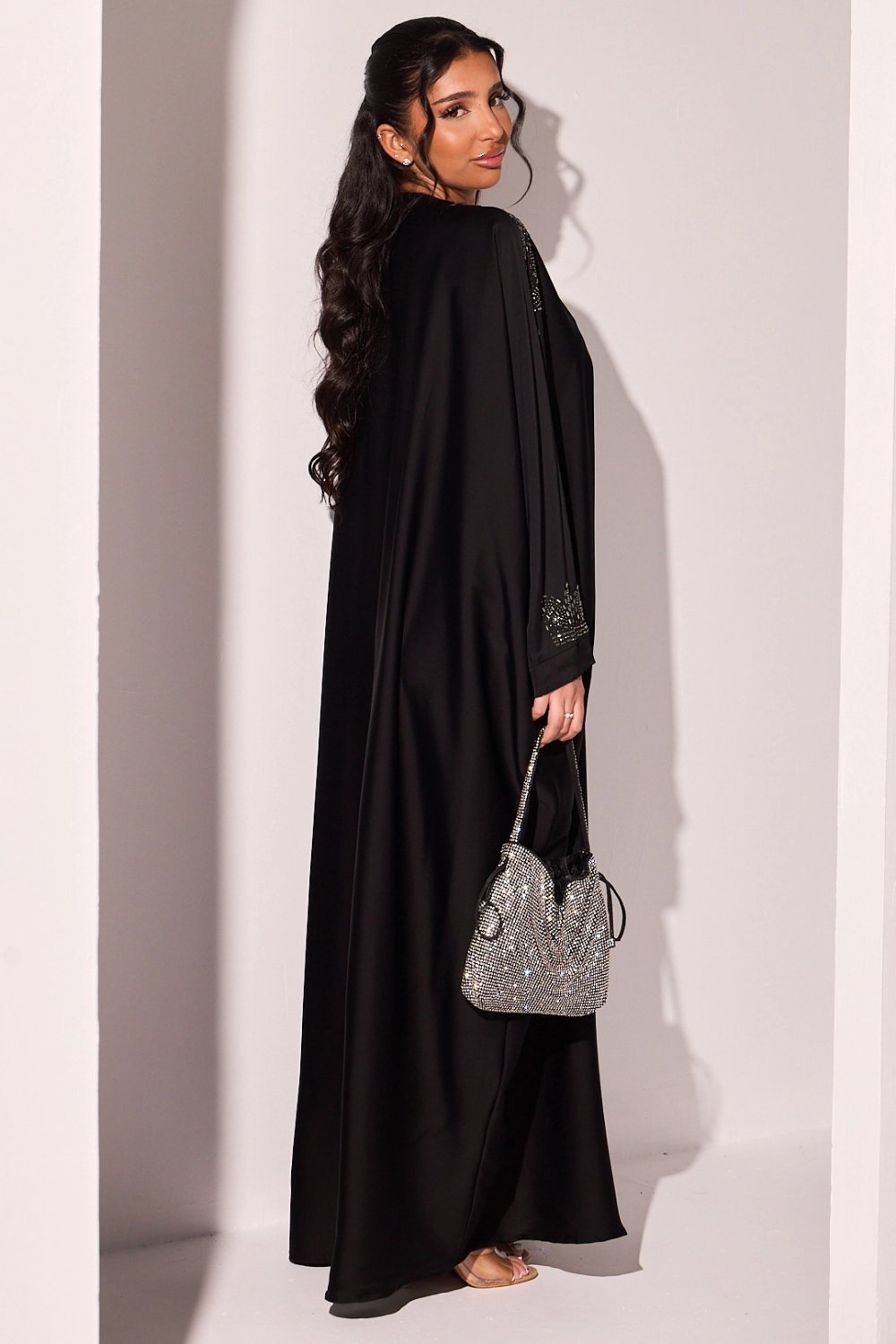 Black abaya with oval silver rhinestones