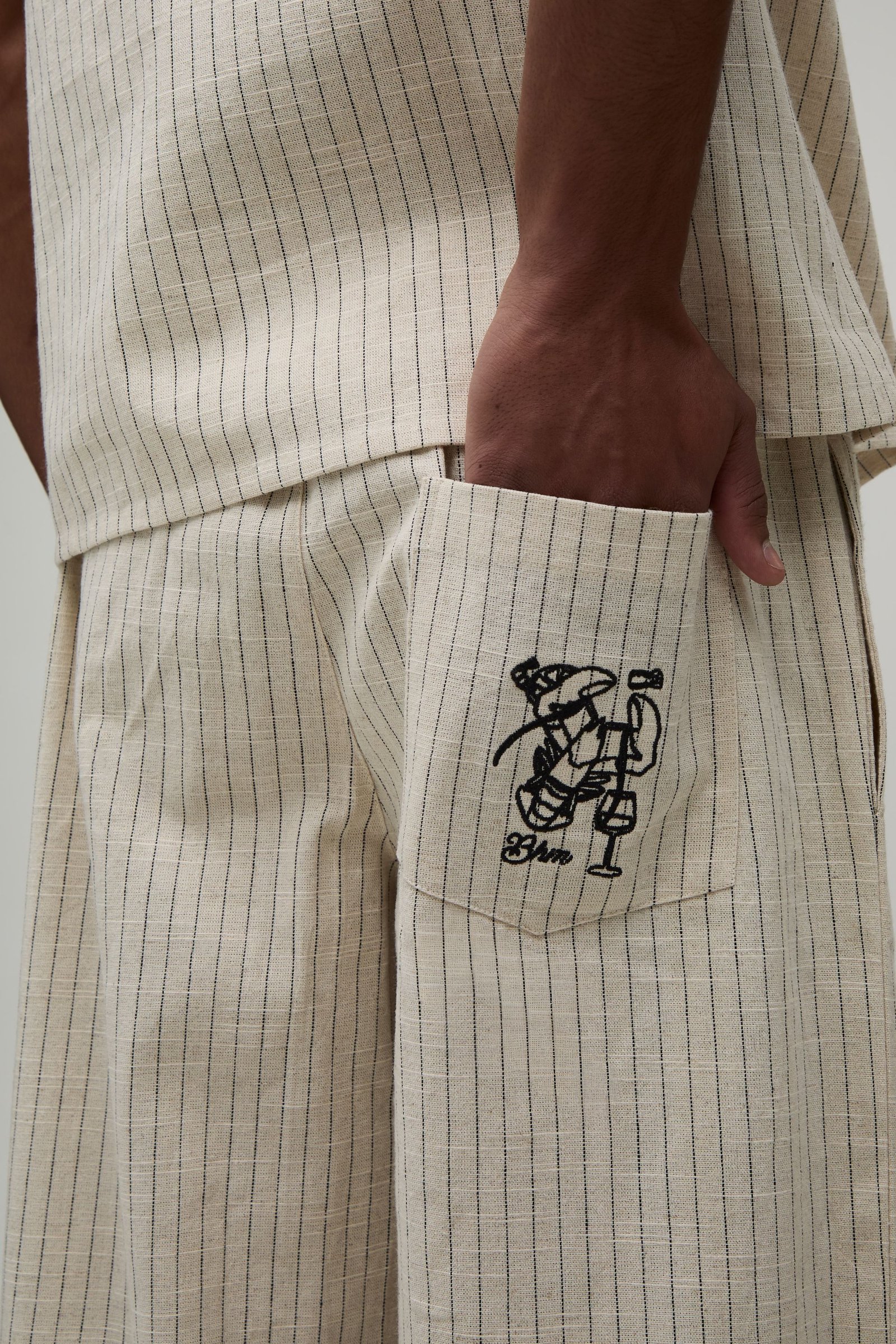 Pantalon Ample À Rayures En Mélange De Lin Avec Poche Brodée