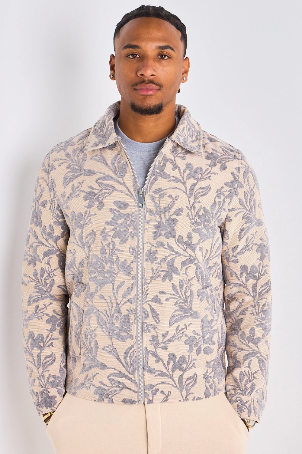 Grey washed-effect jacket with floral pattern