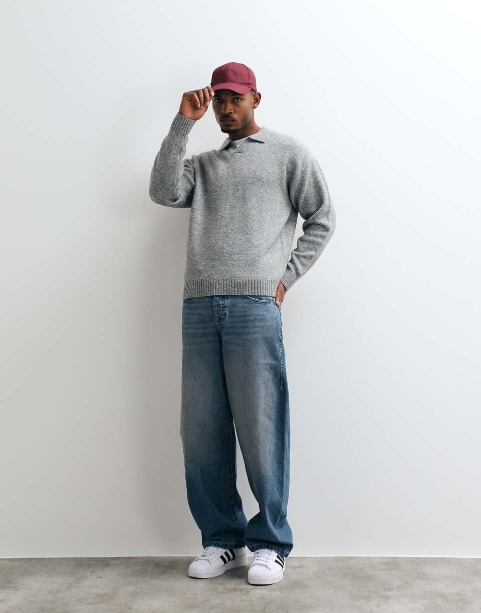 Fluffy oversized polo jumper in light grey