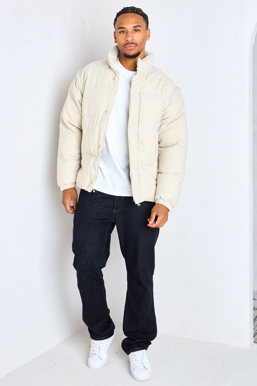 Beige striped padded jacket with high neck