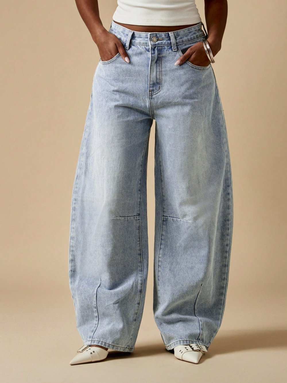 Jean barrel taille haute bleu moyen