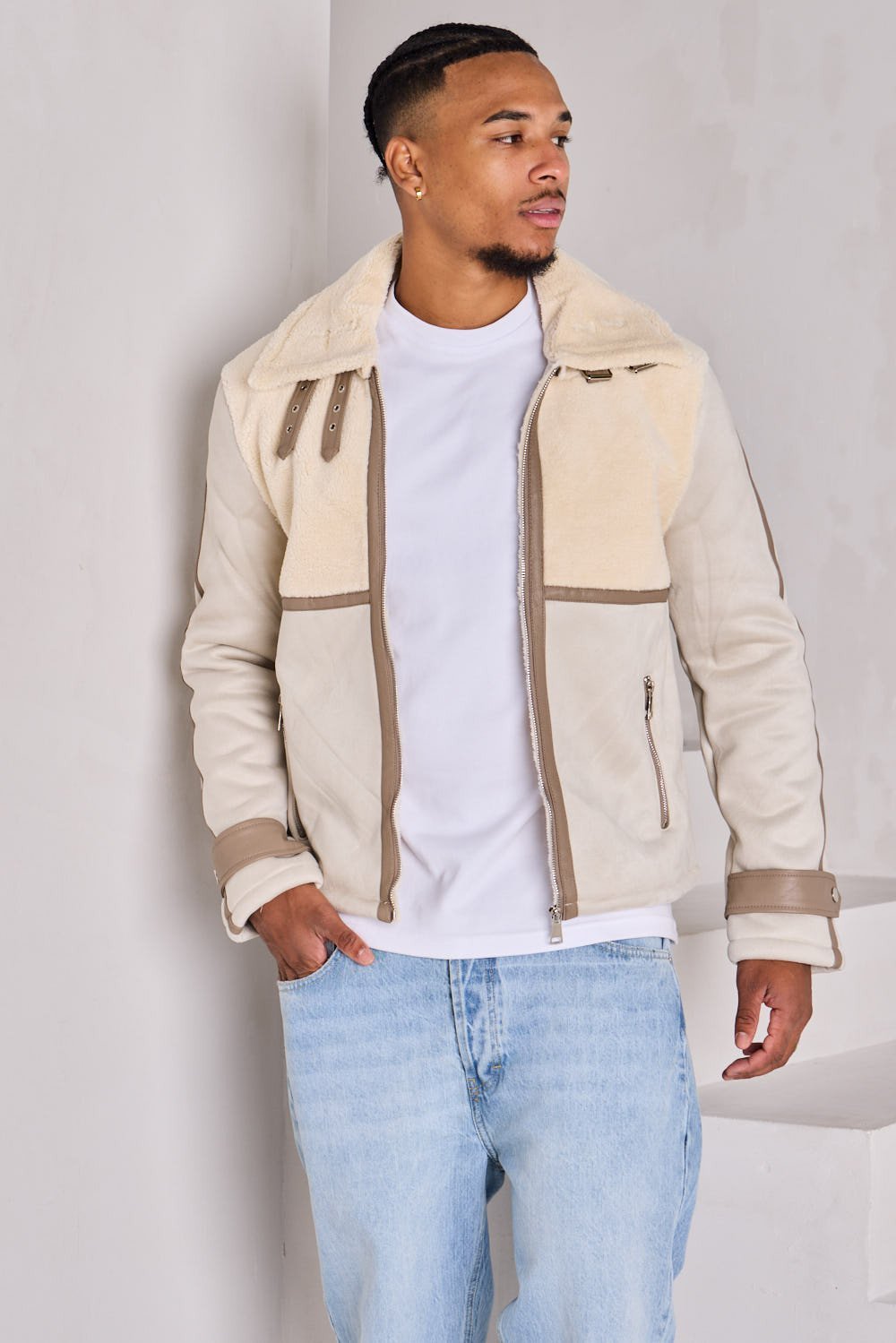 White suede-look aviator jacket with shearling