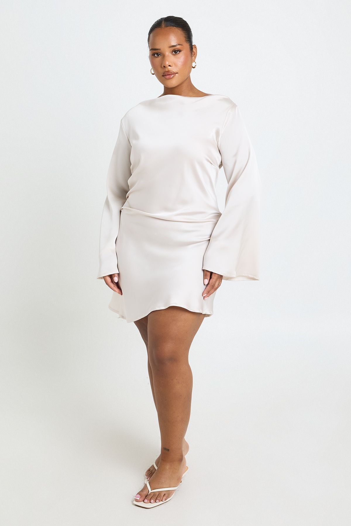 Plus Satin Asymmetric Neckline Ruched Shift Dress