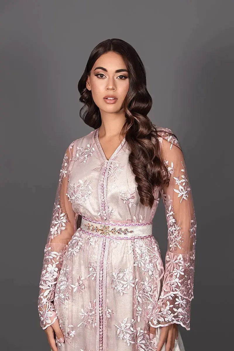 Pink lace takchita over silver lamé