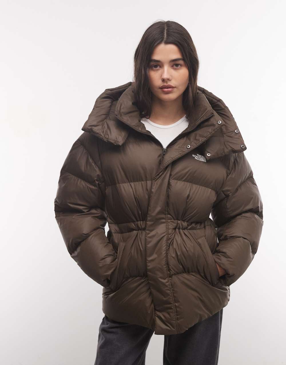 Oversized hooded puffer jacket in dark brown